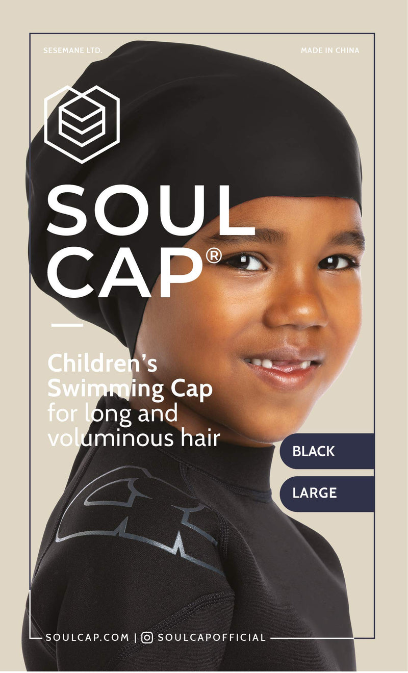 [Australia - AusPower] - SOUL CAP JR - Large Swimming Cap for Children - Designed for Long Hair, Dreadlocks, Weaves, Hair Extensions, Braids, Curls & Afros - Silicone Medium Black 