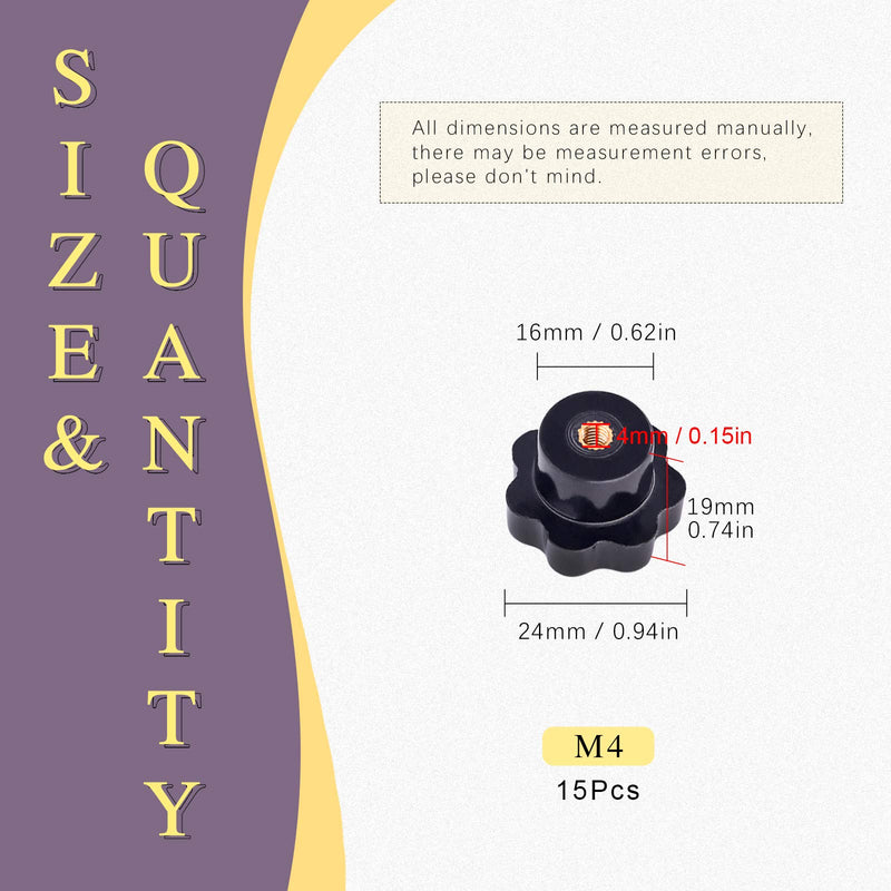 [Australia - AusPower] - Swpeet 15Pcs M4 7 Star Through Hole Knob Female Thread Nut Clamping Knob Grip Assortment Kit, Star Shape Hand Knobs Black Plastic Screw-On Handle Clamping Knob for Mechanical Equipment (M4) 