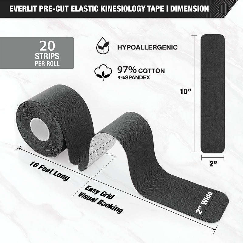 [Australia - AusPower] - EVERLIT [4-Pack] Pre-Cut Elastic Cotton Kinesiology Therapeutic Athletic Sports Tape, for Pain Relief and Support, 80 Precut 10” Strips (Black) Black 