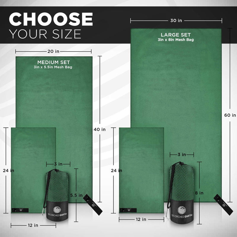 [Australia - AusPower] - ScorchedEarth Microfiber Travel & Sports Towel Set - Quick Dry, Super Absorbent, Compact, Lightweight - for Camping, Backpacking, Hiking, Beach, Yoga, Swimming - Includes 2 Sizes + Carrying Bag & Clip Evergreen Medium Set (20x40” & 12x24”) 