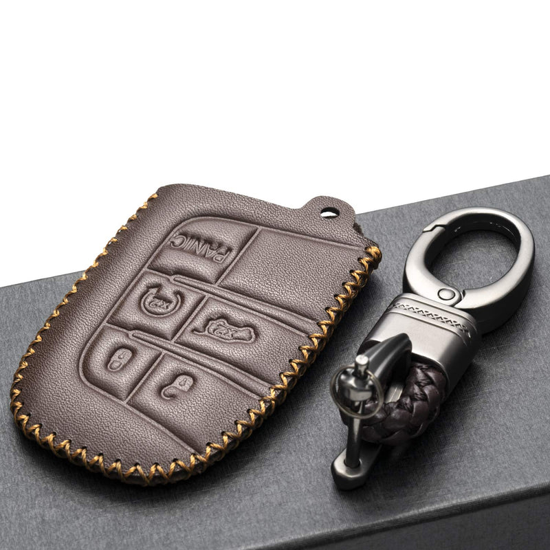 [Australia - AusPower] - Vitodeco Genuine Leather Smart Key Keyless Remote Entry Fob Case Cover with Key Chain for Jeep, Dodge, Chrysler (5 Buttons, Brown) 5 Buttons 