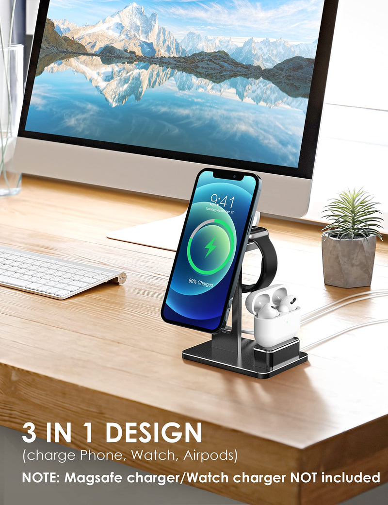 [Australia - AusPower] - 3 in 1 Aluminum Charging Stand for MagSafe Charger,Phone Charger Stand Holder Dock Cradle Compatible with iPhone 13/12/Pro/Pro Max/Mini,Apple Watch 7/6/5/4/3/2 and Airpods Pro(Magsafe Not Included) 