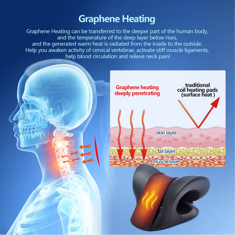 [Australia - AusPower] - Neck Stretcher for Neck Pain Relief, Heated Cervical Traction Device Pillow with Graphene Heating Pad, Neck and Shoulder Relaxer for TMJ Pain Relief and Cervical Spine Alignment(Black) Black 