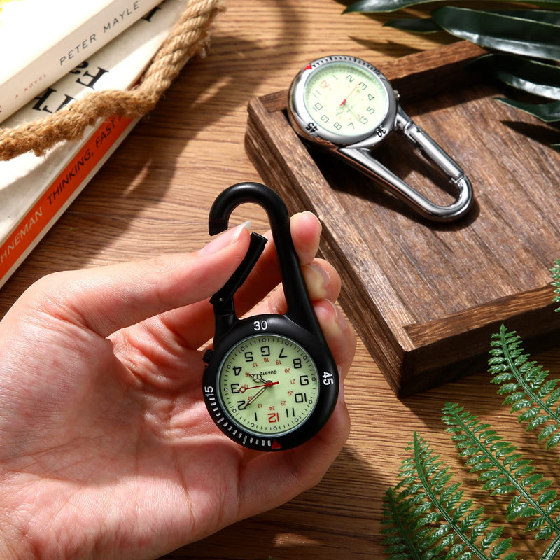 [Australia - AusPower] - 2 Pieces Clip on Quartz Watch Backpack Fob Belt Watch Glow in The Dark Unisex Pocket Watch with White Dial for Doctors Nurses Outdoor Activities Black, Silver 