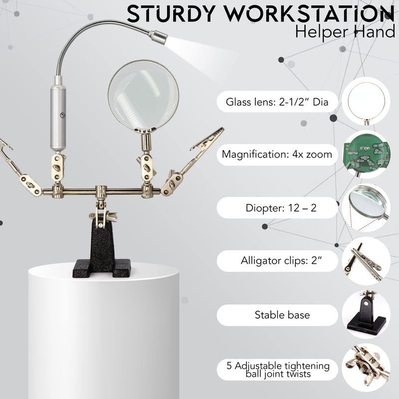 [Australia - AusPower] - Ram-Pro Helping Hand Magnifier Glass Stand with Flexible Neck LED Flashlight & Alligator Clips – 3X Magnifying Lens, Perfect for Soldering, Crafting & Inspecting Micro Objects WITH LED LIGHT 