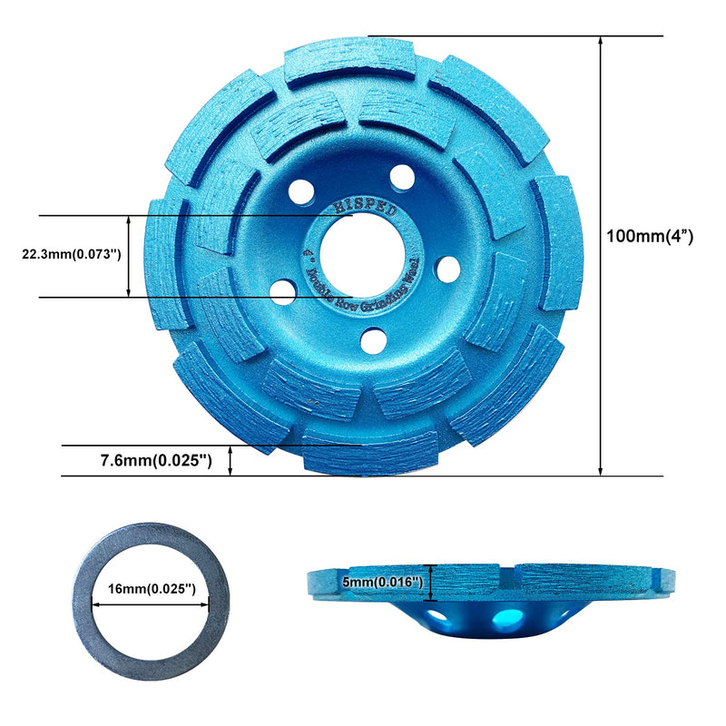 [Australia - AusPower] - HISPED 100mm(4") Double Row Diamond Grinding Wheel Concrete Grinding Wheel for Grinding Concrete and Stone Blue 4" 