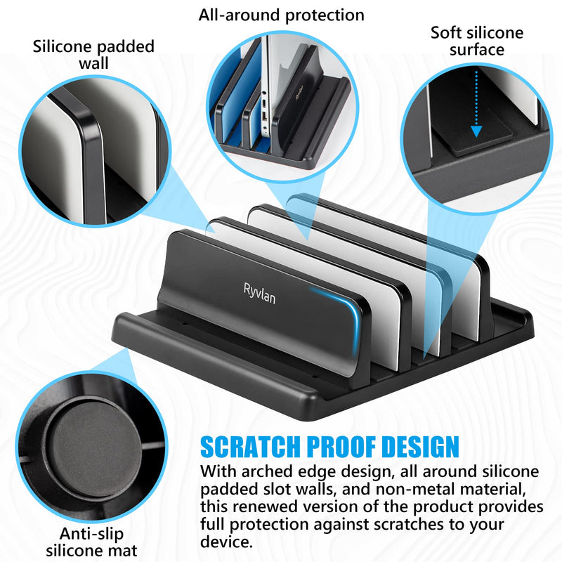 [Australia - AusPower] - Ryvlan Vertical Laptop Stand, Adjustable 3 Slot Laptop Storage with Rubber Padding, Multiple Laptop Holder for Desk, Premium Plastic Holder Compatible with MacBook - (Pre-Assembled) 3 Slots Assembled 