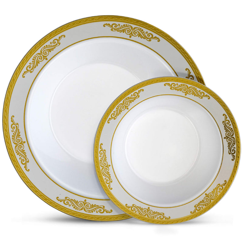 [Australia - AusPower] - [20 Count - 5 Oz Bowls] Laura Stein Designer Tableware Premium Heavyweight Plastic White Dessert Bowl With Gold Rim And Brushed Accents, Party & Wedding Plate Traditional Series Disposable Dishes 20 