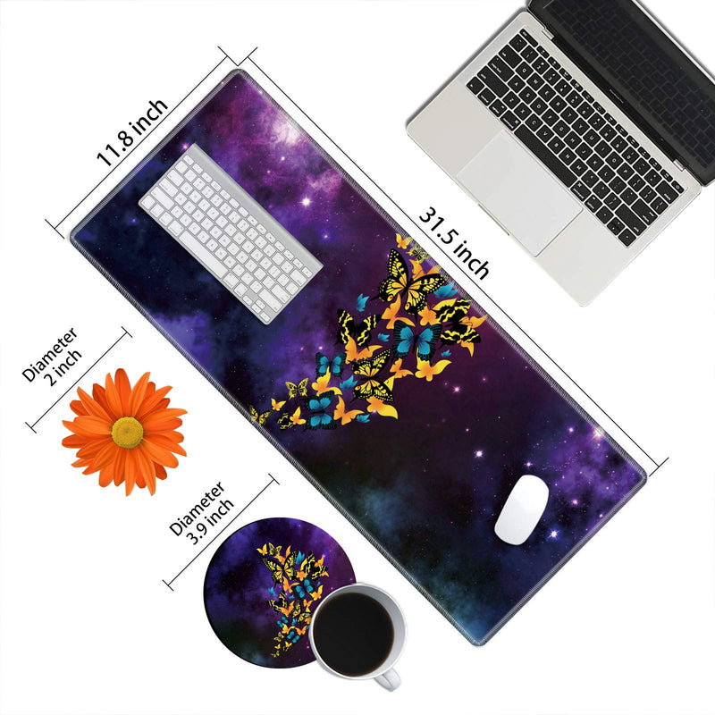 [Australia - AusPower] - Desk Mat Gaming Mouse pad for Laptop, Galaxy Butterflys Customized Design Printed Desk pad, Home Office Accessories, with Sunflower Coasters and Cute Stickers 
