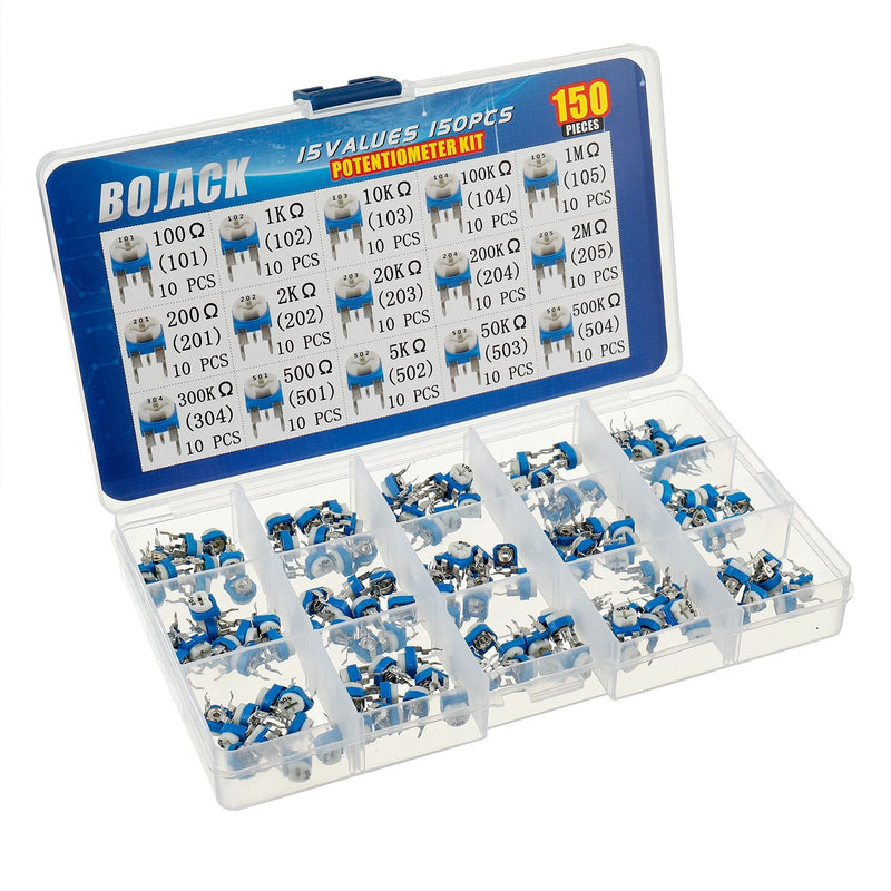 [Australia - AusPower] - BOJACK 15 Values 150 pcs 100 Ohm- 2M Ohm Variable Resistor 6mm Potentiometer Assortment Kit packag in a Clear Plastic Box 