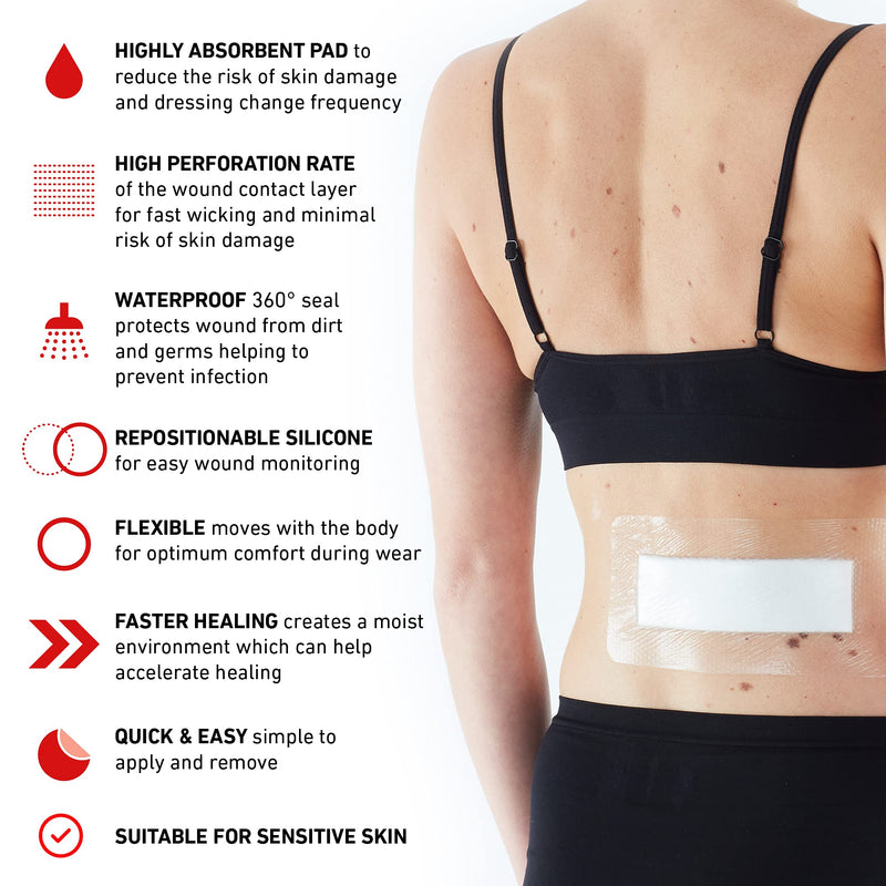 [Australia - AusPower] - Neo G Opti-Heal Silicone Surgical Dressing – Sterile Adhesive Bandages for Surgical Wounds, Cuts, Abrasions - Absorbent Barrier Island Dressing 4x8 - Waterproof Bandages Post Surgical- 2 Pack 