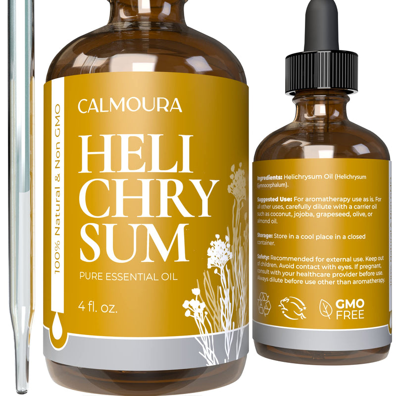 [Australia - AusPower] - Calmoura Helichrysum Essential Oil Therapeutic Grade (4 oz | 118 ml) — Pure Helichrysum Essential Oil Organic for Skin — Premium Undiluted Pure Essential Oil Helichrysum Italicum Diffuser Aromatherapy, Skin Care, Massage, Relaxing & Soothing Oil 