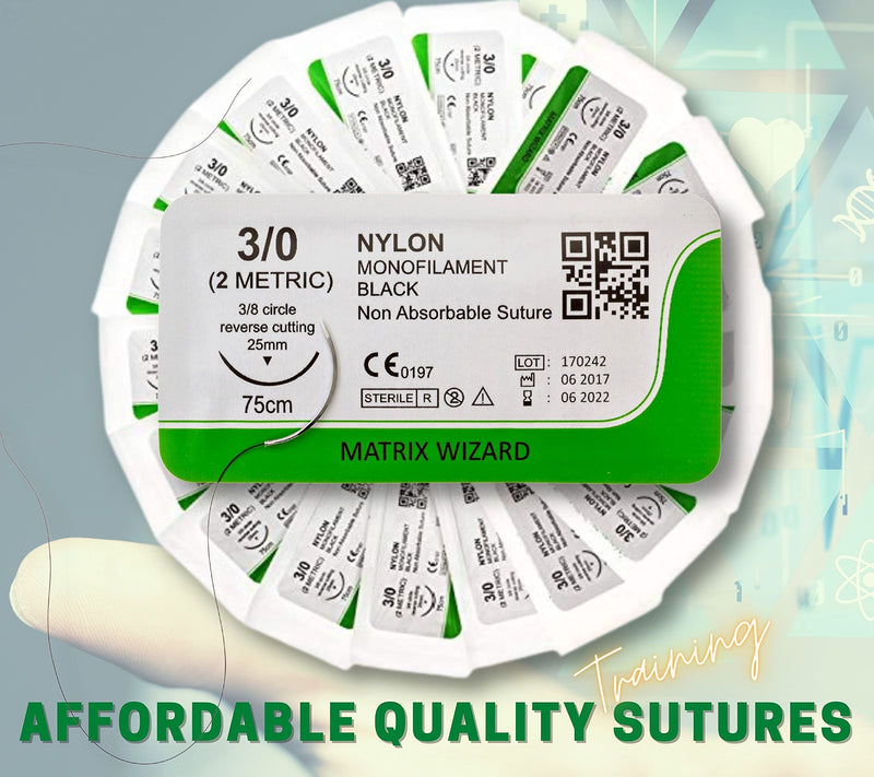 [Australia - AusPower] - 3-0 Sterile Sutures Thread with Needle (Black Monofilament) - Medical and Nursing Student's Surgical Practice Suture Kit, Training with Stitching Pad, First Aid Field Emergency Demo, Vet Use 