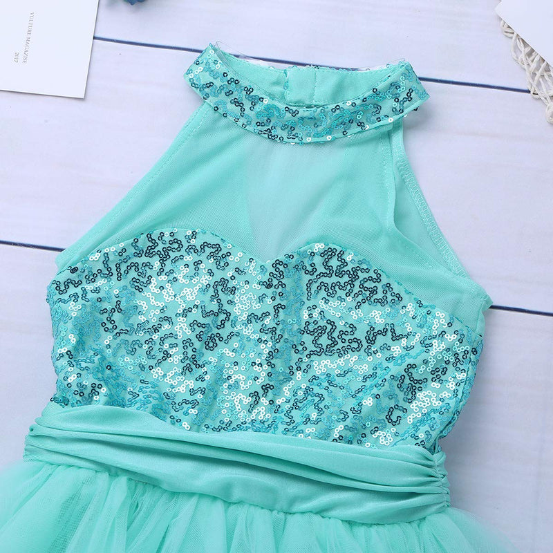 [Australia - AusPower] - Agoky Kids Girls Halter Sleveeless Sequins Mesh Ballet Tutu Dress Gymnastics Leotard Jumpsuit Lake Blue 8-10 