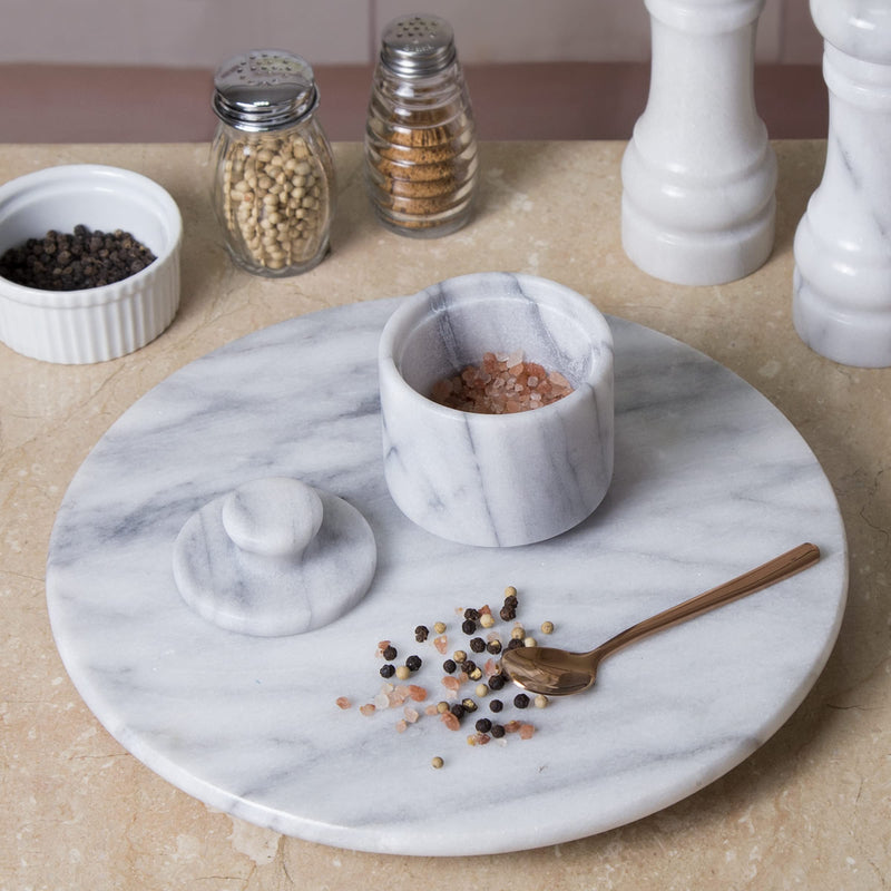 [Australia - AusPower] - Creative Home Natural Marble Salt Cellar Keeper Round Salt Spices Container Salt and Pepper Bowls, 3" Diam. x 3.3" H, Off-White 