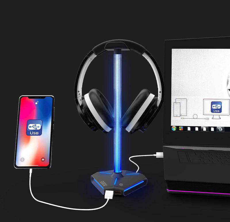 [Australia - AusPower] - COZOO RGB Headphone Stand with 2 USB2.0 Extension Charging Port Extender Cord,Headset Stand Holder for Gamer Desktop Table Game Earphone Accessories 