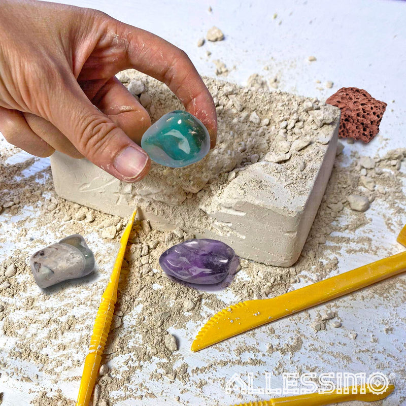 [Australia - AusPower] - ALLESSIMO Fossil Adventure- Gemstone Mining Dig Kit, Complete Excavation Geology Science Toy Kits for Kids, Discover Real Gems, Educational and Fun Learning Adventure for Boys and Girls 