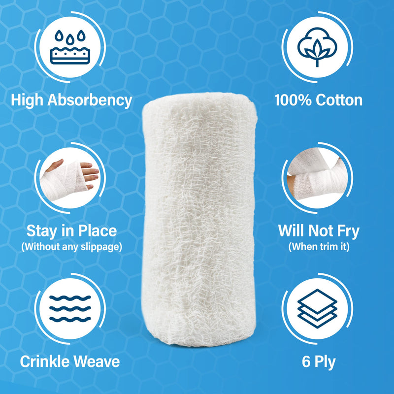 [Australia - AusPower] - Cotton Gauze Roll-100% Crinkle Weave Cotton -6 ply-STERILE -Extra Absorbency - Medical Gauze Bandage -6 Rolls –4.5 Inches X 4 Yard - Latex Free -Each roll Individual Wrapped-Hospital Grade Quality 