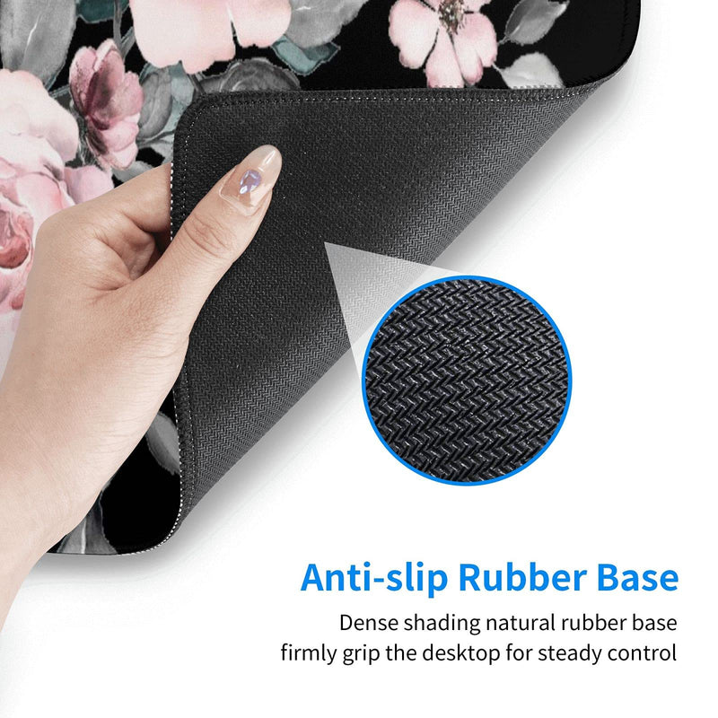 [Australia - AusPower] - Floral Extended Gaming Mouse Pad Non-Slip Rubber Base Black Large Mousepad 31.5x11.8in with Stitched Edge Waterproof Pink Peony Flowers Pads Computer Black Desk Laptop Mats for Work/Game/Office/Home Flower 