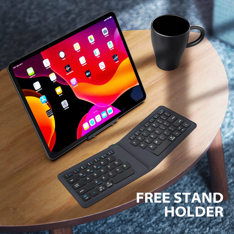 [Australia - AusPower] - Portable Keyboard, iClever BK06 Foldable Bluetooth Keyboard, Multi-Device Wireless Folding Keyboard, Ultra Slim Ergonomic Design with Stand Holder for iPhone, iPad, Smartphone, Tablet, Laptop 