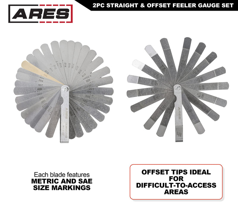 [Australia - AusPower] - ARES 11043 - 2-Piece Straight Feeler Gauge & Offset Feeler Gauge Set - Straight Gauge has 32 Dual-Marked SAE & Metric Sizes - Offset has 16 Dual-Marked Sizes - Precisely Measure Mechanical Clearances Straight Feeler Gauge and Offset Tappet Set 