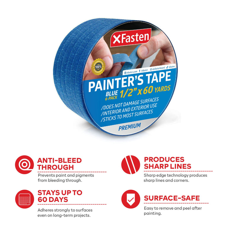 [Australia - AusPower] - XFasten Professional Blue Painters Tape, Multi-Use, 1/2-Inch by 60-Yard, Pack of 6, Blue Tape Bulk - Sharp Edge Line Technology, Produces Sharp Lines | Residue-Free and Artisan Grade Wall Trim Tape 1/2 Inch x 60 Yards (6-Pack) 
