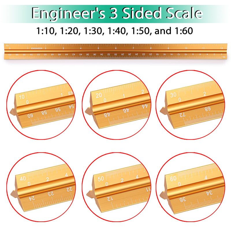 OwnMy 3 Pack 12 Inch Solid Aluminum Triangular Architect Scale Ruler