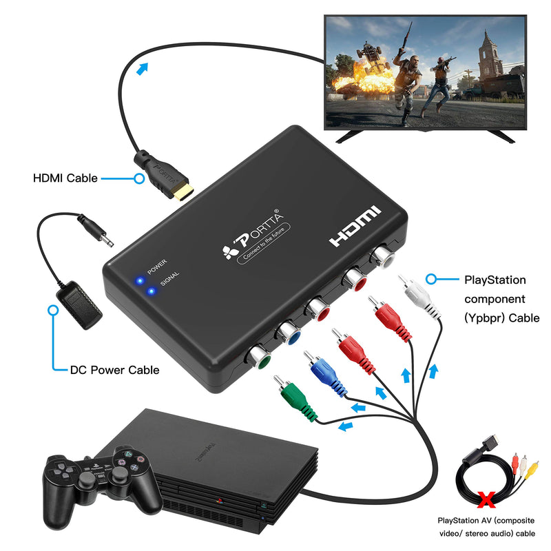 [Australia - AusPower] - Component to HDMI Converter with HDMI Cable, PORTTA RGB to HDMI Adapter, 5 RCA YPbPr to HDMI Video Converter, Support 1080p 60Hz for PS2 PS3 Xbox 360 DVD Wii HDTV Monitor Projector 