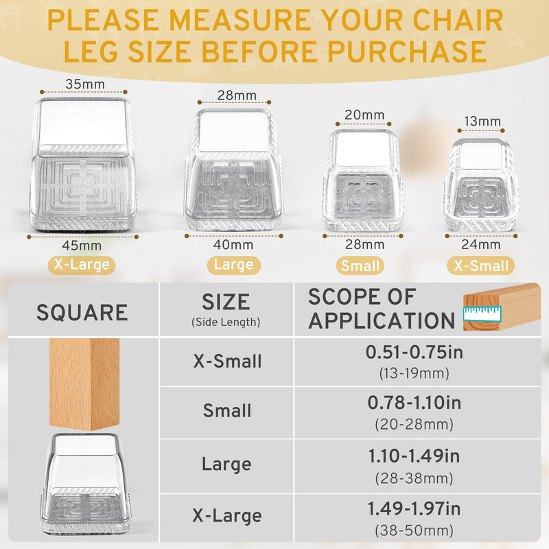 [Australia - AusPower] - 24PCS Square Chair Leg Floor Protectors, Furniture Sliders for Chair Legs, Chair Leg Protectors for Hardwood Floors, Non-Slip Felt Furniture Pads, Silicone Cap Covers to Protect Floors, Large L-Clear 