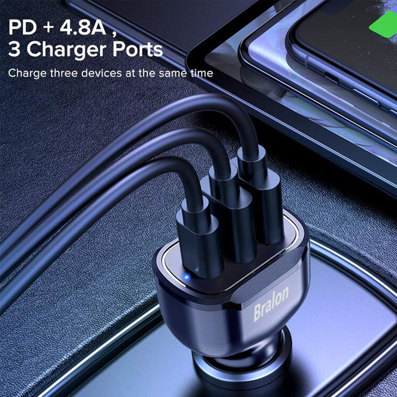 [Australia - AusPower] - USB C Car Charger,Bralon 44W(PD 20W & Dual USB-A 24W/4.8A) Fast Car Charger Adapter Compatible with Phone 12/12 Pro(Max)/12 mini/11/11 Pro(Max)/XS/XR/X/8/7,Galaxy Note S10 S9 S8 S7 & More 