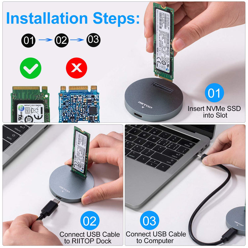 [Australia - AusPower] - RIITOP NVMe to USB Docking Station, External M.2 PCI-e NVMe SSD to USB-C Reader Adapter for M.2 (M Key) NVMe SSD Gray 