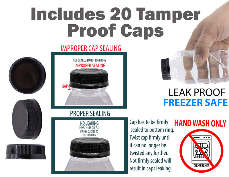[Australia - AusPower] - Empty PET Plastic Juice Bottles - Pack of 20 Reusable Clear Disposable Milk Bulk Containers with Funnel and Brush and Tamper Evident Caps (Black, 4 oz) Black 