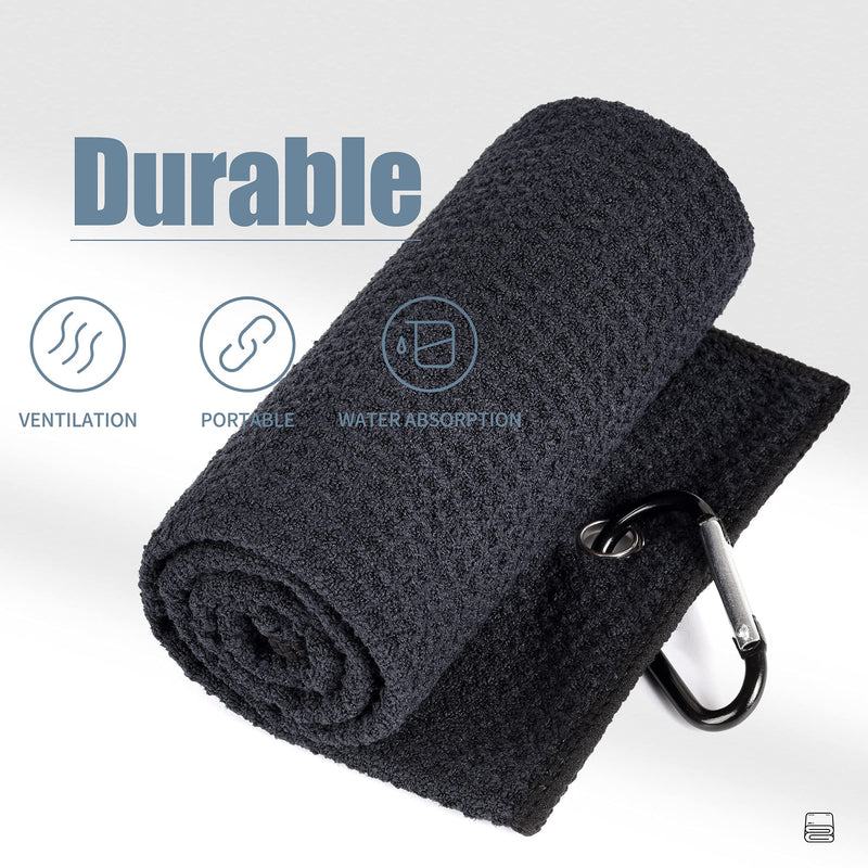 [Australia - AusPower] - Mile High Life Microfiber Waffle Pattern Tri-fold Golf Towel | Brush Tool Kit with Club Groove Cleaner, Retractable Extension Cord and Clip 1 Black Towel+1 Black Brush 