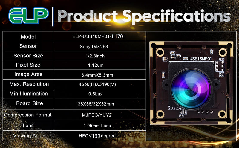 [Australia - AusPower] - ELP 16MP Wide Angle USB Camera Module with 170degree Fisheye Lens for Raspberry Pi and Computer 4K Mini UVC USB2.0 Video Webcam Board Industrial PC Lightburn Camera IMX298 USB with Camera for Laptop 