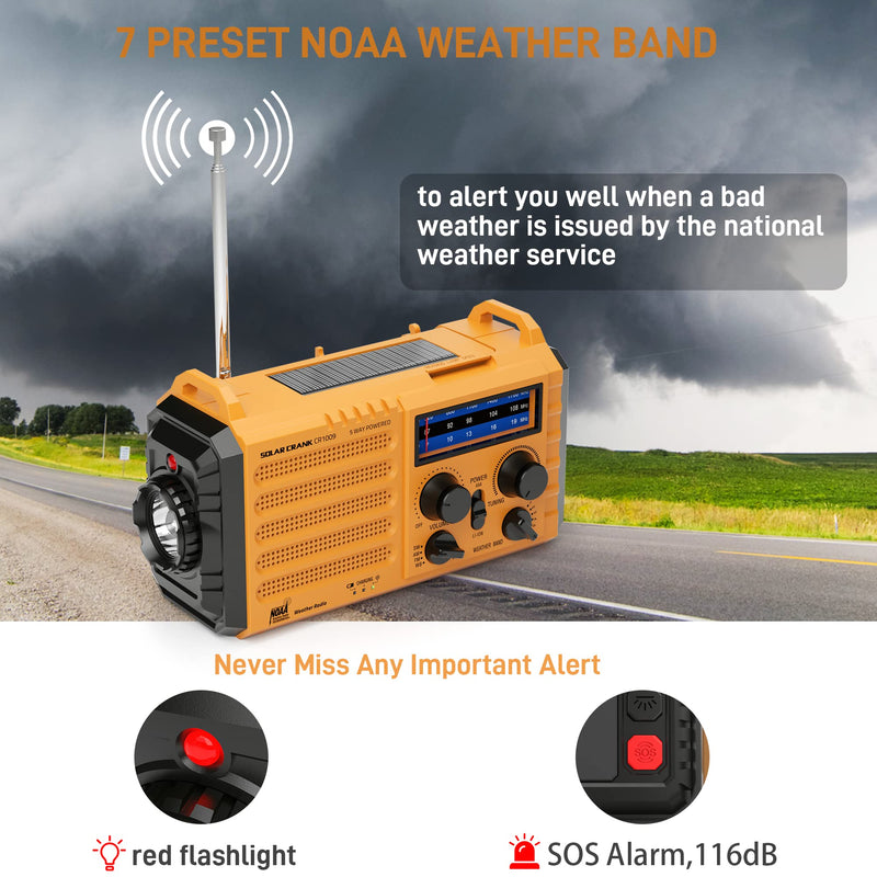 [Australia - AusPower] - Emergency Radio with NOAA Weather Alert, Portable Solar Hand Crank AM FM Shortwave Radio for Survival, Rechargeable Battery Powered Radio,USB Charger,Flashlight,Reading Lamp,SOS Alarm for Home Outdoor Yellow 