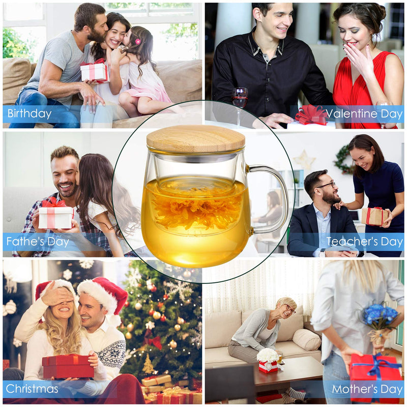 [Australia - AusPower] - Lezero Glass Tea Infuser Cups with Strainer and Lid, 15 ounce Heat Resistance Borosilicate Glass Teacups for Blooming Tea & Loose Leaf Tea, Lead-free, Microwave & Dishwasher Safe - For Tea Lovers 