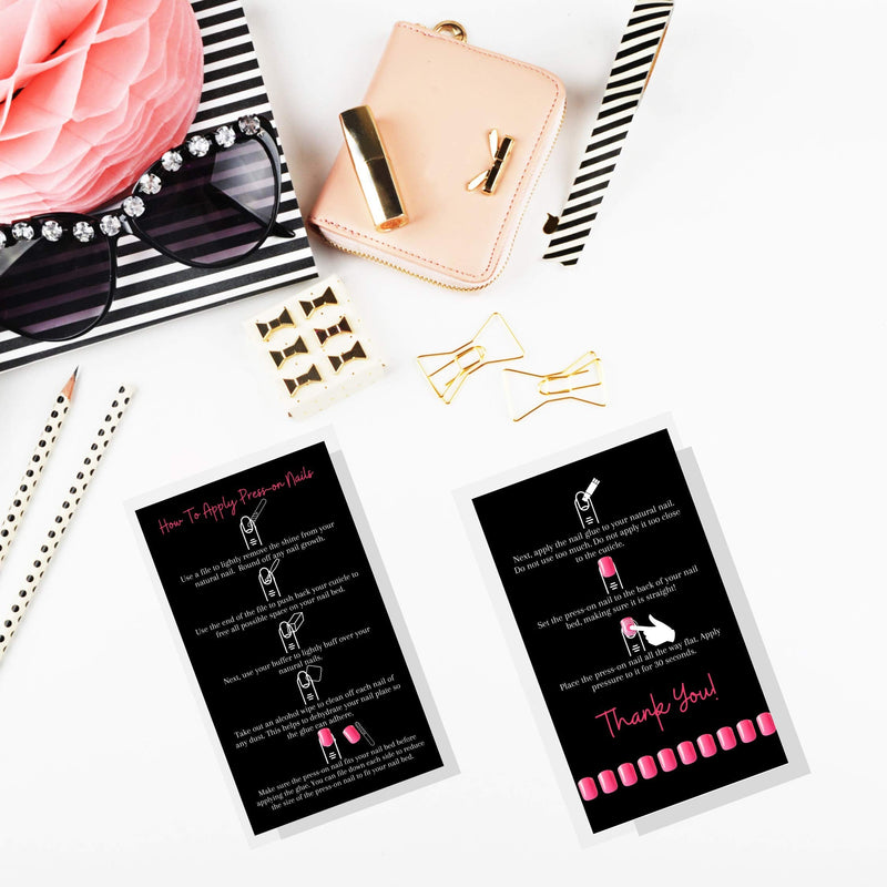 [Australia - AusPower] - Press-On Nail Application Instructions Cards | 50 Pack | 2x3.5" inch Business Card Size | DIY Press-On Nail Kit | Black and Pink Design 