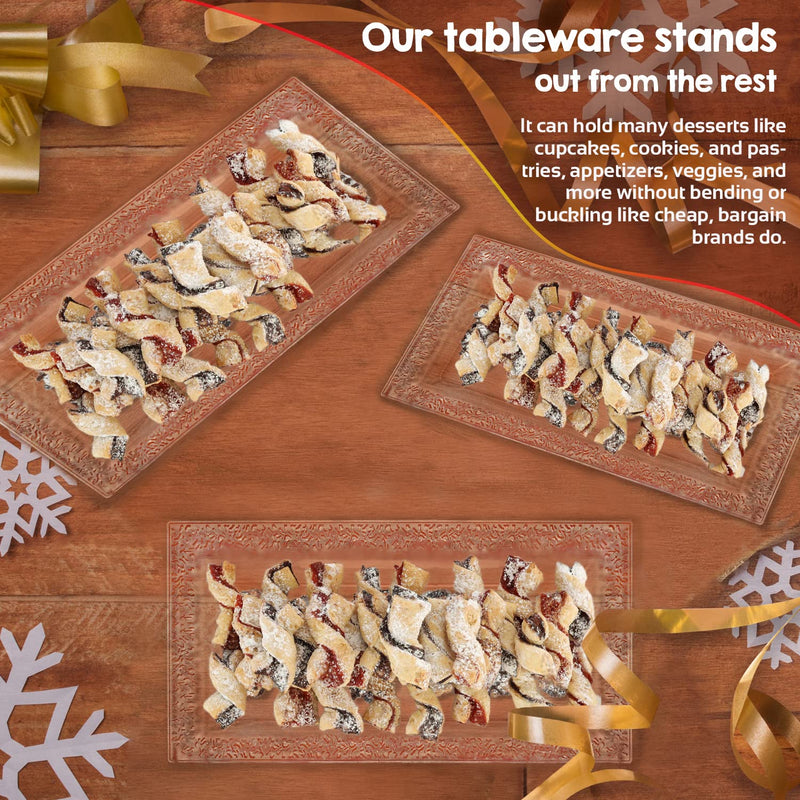 [Australia - AusPower] - 4 (pk) Yumchikel 14" x 7.5" Clear Lace Rim Plastic Serving Trays & Platters | Heavy Duty Disposable Decorative Dessert Tray - Party Platters for Upscale Parties Weddings Brand: Yumchikel 