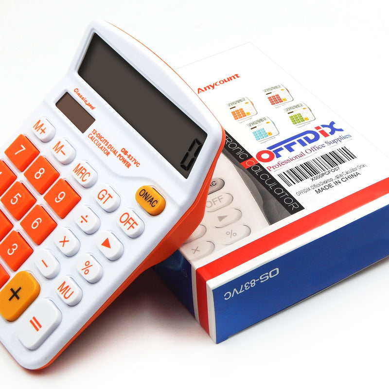 [Australia - AusPower] - OFFIDIX Office Desk Calculator, Solar and Battery Dual Power Electronic Calculator Portable 12 Digit Large LCD Display Desktop Calculator,Handheld for Daily and Basic Office(Orange) Orange 