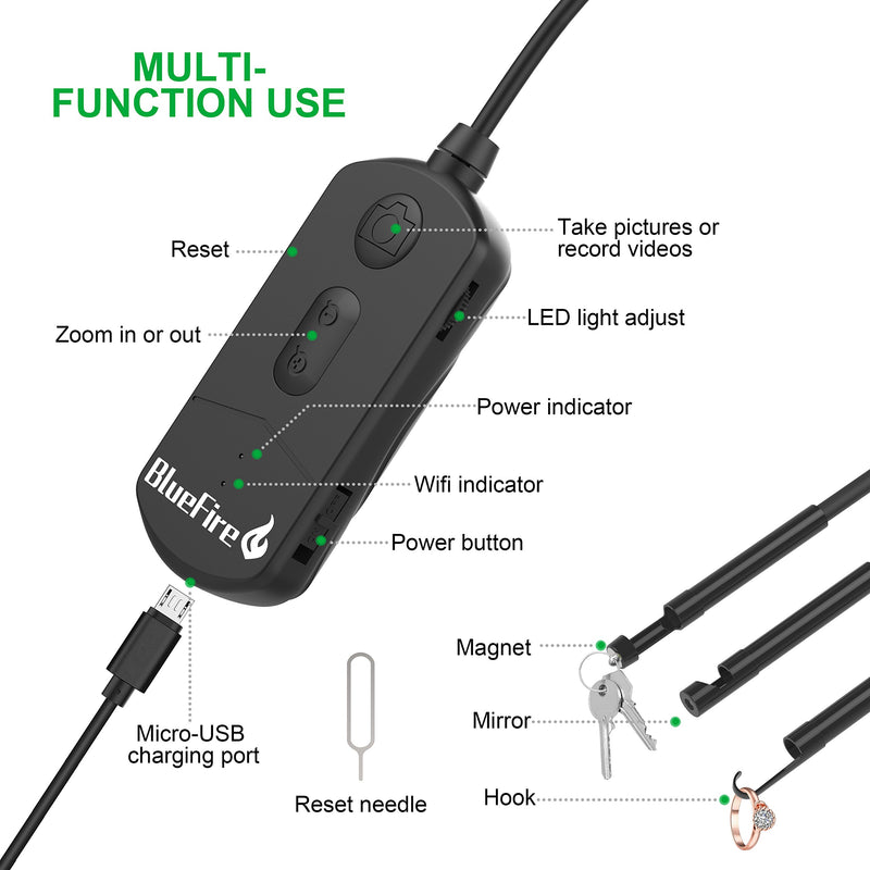 [Australia - AusPower] - BlueFire Upgraded 1080P 5.5mm Semi-Rigid Inspection Camera, 2 MP HD WiFi Borescope Snake Camera, Zoomable Focus 1800mA Battery Wireless Endoscope for Android and iOS Smartphone, Tablet (11.5FT) 11.5FT 