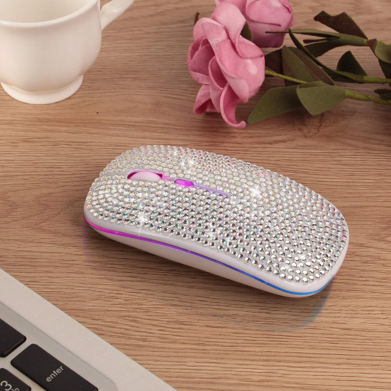 [Australia - AusPower] - Bling Dazzling Rechargeable 2.4GHz+5.2 Bluetooth Wireless Mouse Covered with Crystal Diamond Rhinestone,RGB Backlit,Great Gift idea for Her (Silver) Silver 