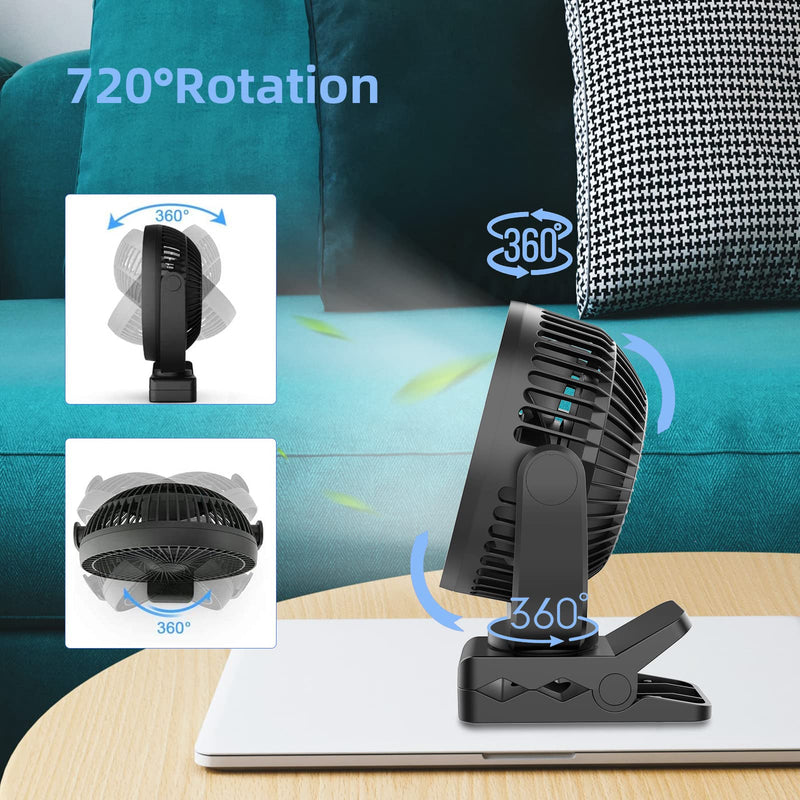 [Australia - AusPower] - ATEngeus USB Desk Fan, 5000mAh Rechargeable Portable Fan, 5 Inch Clip-on Fan, 3 speed strong airflow, Dual 360° Rotation, with USB data cable, Suitable for home, office and stroller. (black) TF-28B-5'' 