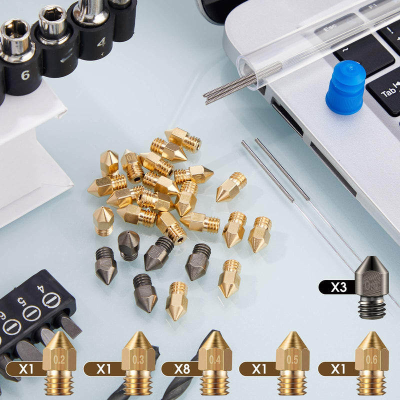 [Australia - AusPower] - MK8 3D Printer Extruder Nozzle Hardened Steel, Brass Nozzle High Temperature Wear Resistant Nozzles 0.2 mm, 0.3 mm, 0.4 mm, 0.5 mm, 0.6 mm Compatible with Makerbot, Ender 3 (15) 15 