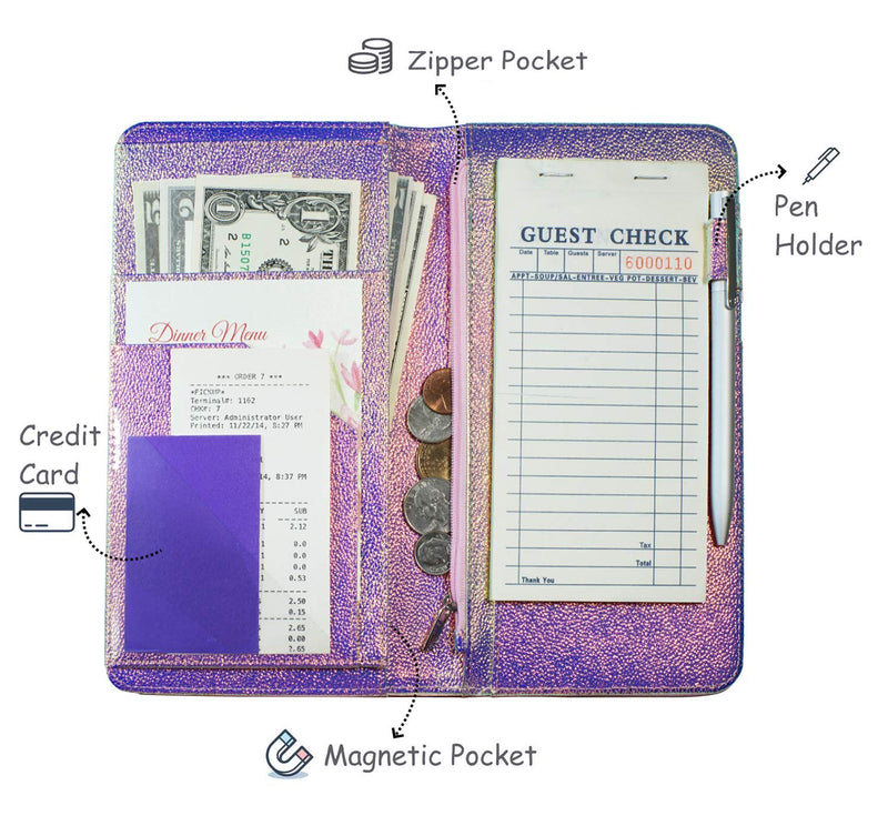 [Australia - AusPower] - Zreal Server Book with Zipper Pocket, 5 X 9 Waitress Book, Magnetic Closure Pocket with Big Volume, Guest Check Book with Pen Holder for Waiter Server Wallet Fit Waitress Apron (Iridescent A) iridescent A 
