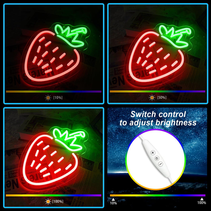 [Australia - AusPower] - Strawberry Neon Sign, Red Green Strawberry Led Sign Shape Neon Light for Fruit Shop, Restaurant, Bedroom Wall Decor, Bar Birthday Art Decoration Christmas with USB Chain Light Modulator 5v 