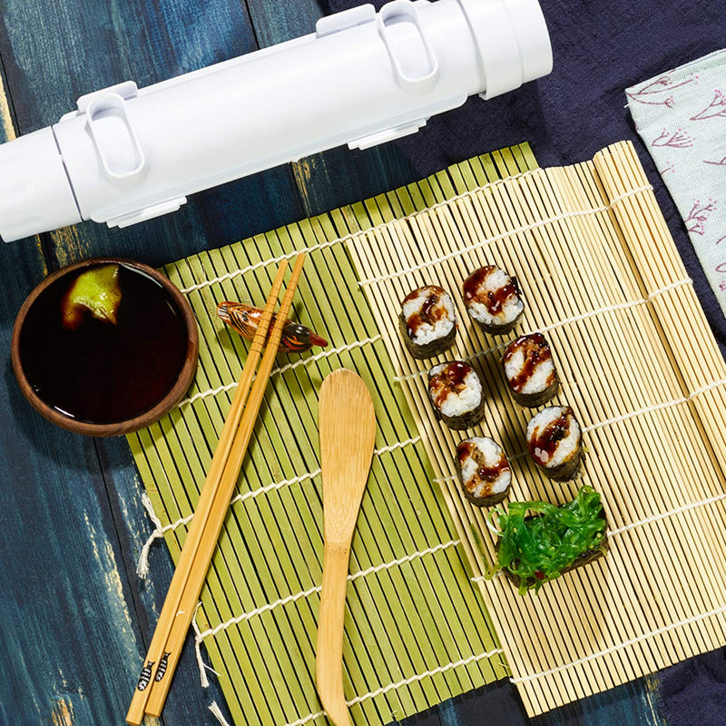 [Australia - AusPower] - ISSEVE Sushi Making Kit, Bamboo Sushi Mat, All In One Sushi Bazooka Maker with Bamboo Mats, Bamboo Chopsticks, Paddle, Spreader, Sushi Knife, Chopsticks Holder, Cotton Bag, DIY Sushi Roller Machine sushi tool 
