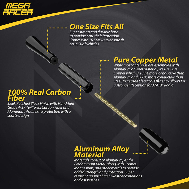 [Australia - AusPower] - Mega Racer 5” Black Carbon Fiber Antenna for Car, Truck, SUV - AM/FM Radio Reception, 6061 Solid Aluminum, Anti-Theft Design, Car Wash Safe, Universal Antenna Replacement, 1 Piece 