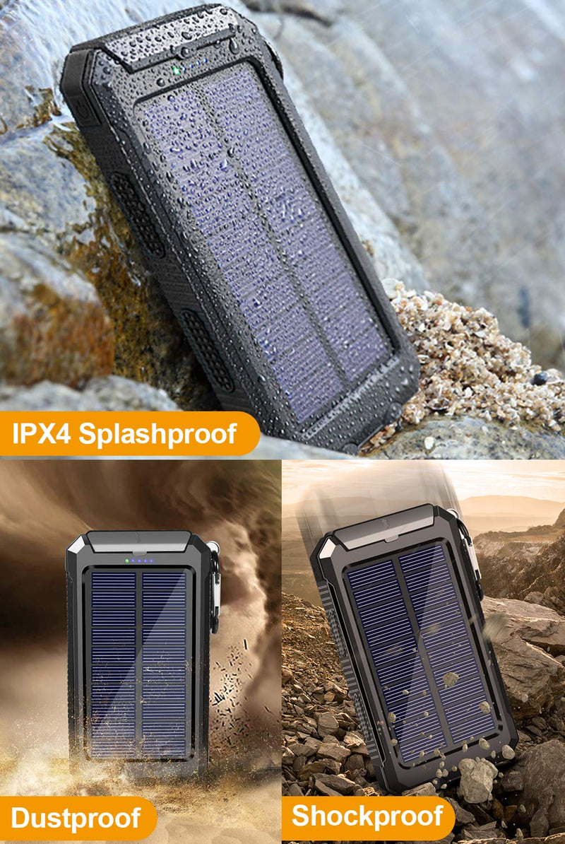 [Australia - AusPower] - Solar Charger 20000mAh Portable Solar Power Bank Waterproof External Backup Battery Power Pack Charger with 2 USB/LED Flashlights Compatible with iPhone, Tablet, Android, Suitable for Outdoor Camping Black 