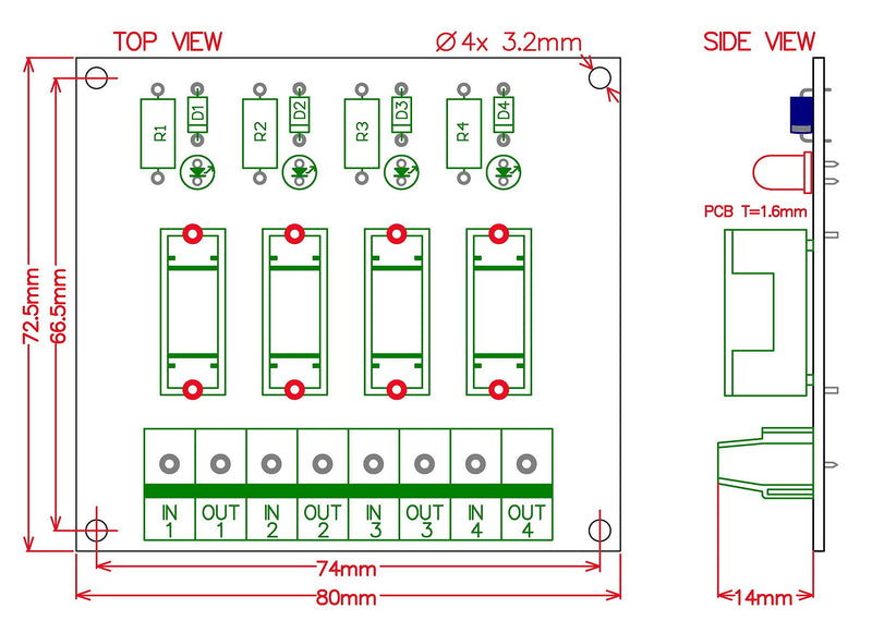 [Australia - AusPower] - Electronics-Salon 4 Channel Fuse Interface Module, for DC 5~48V, Din Rail Mount, w/Fail Indicator 