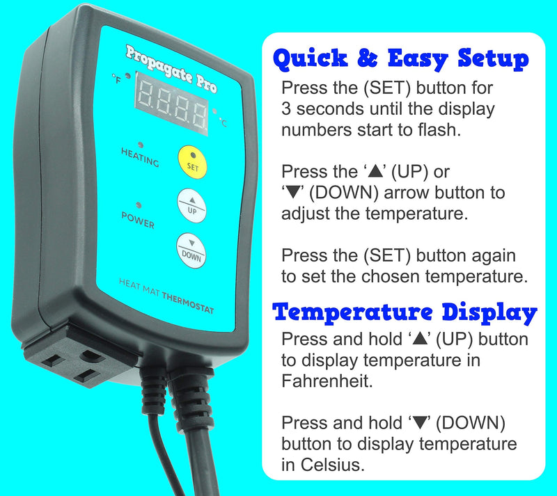 [Australia - AusPower] - Plug in 1000 Watt Heating Thermostat Outlet 34-108°F by Propagate Pro 110V, 120V Heat Mat Heater Pad Temperature Controller for Starting Seeds, Reptiles, Egg Incubation + Beer Brewing/Wine Making Heating 34-108F 